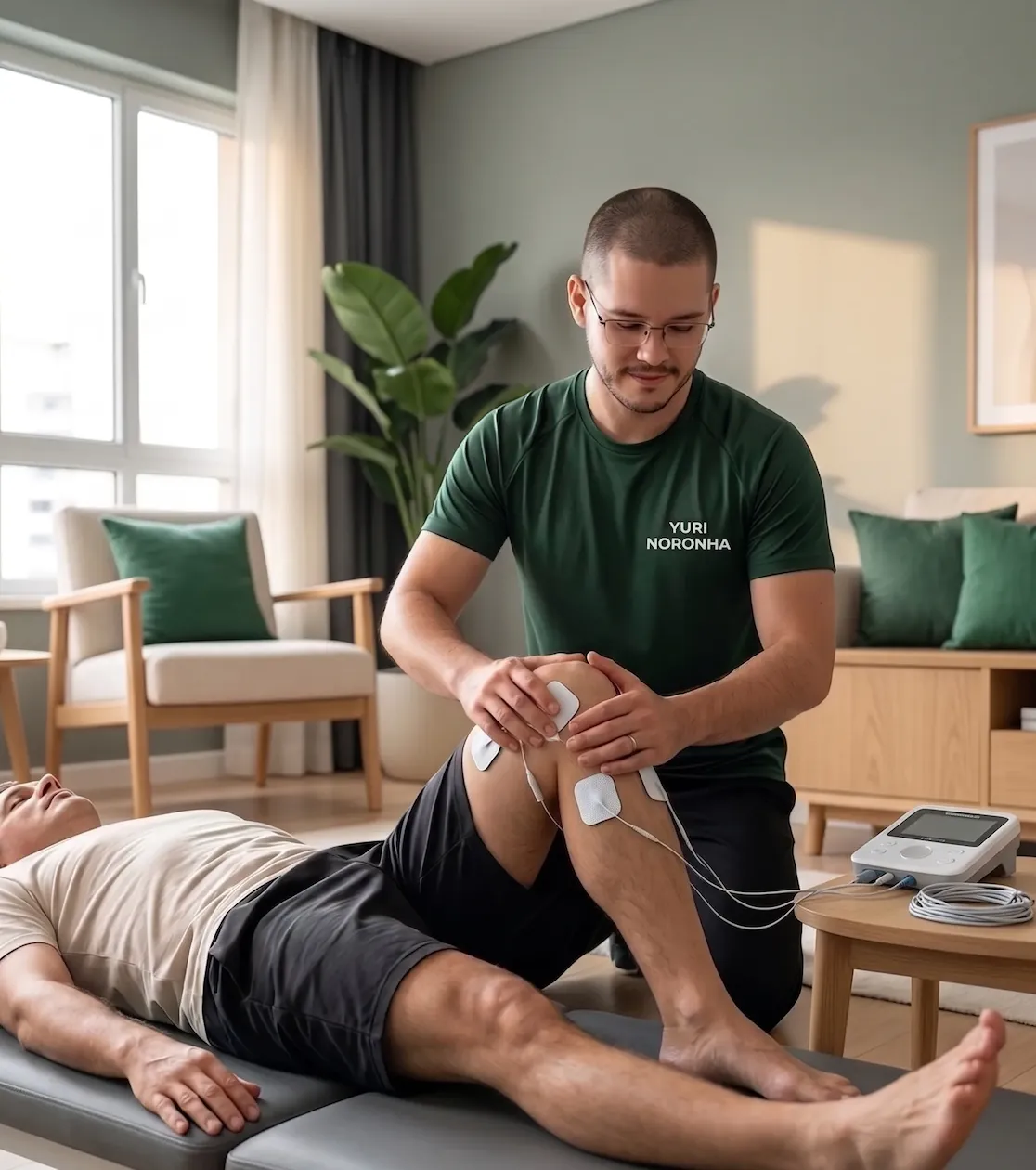 Eletroterapia aplicada no joelho do paciente durante fisioterapia domiciliar — Dr. Yuri Noronha